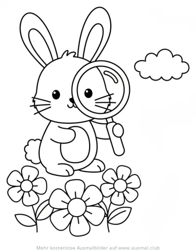 Hase mit Lupe und Blumen Ausmalbild