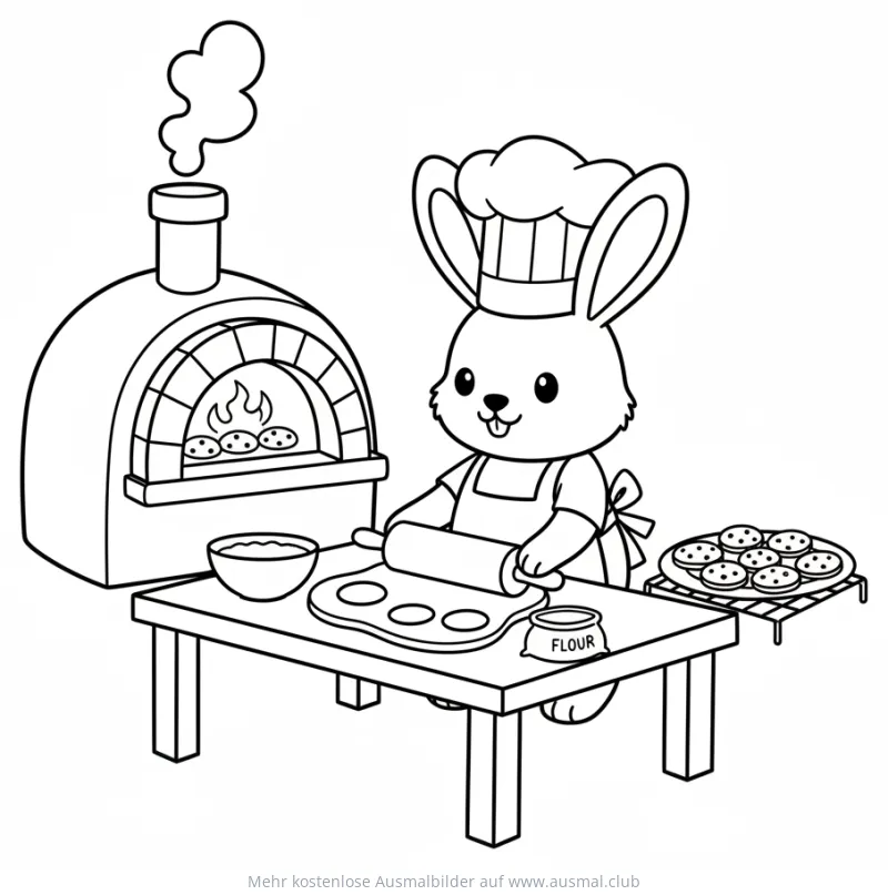 Hase als Koch beim Kekse backen Ausmalbild