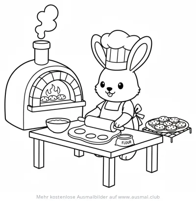 Hase als Koch beim Kekse backen Ausmalbild