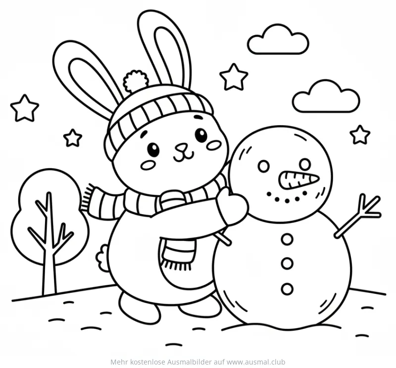 Hase umarmt Schneemann Ausmalbild im Winter