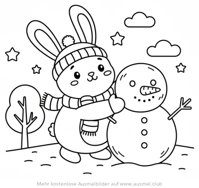 Hase umarmt Schneemann Ausmalbild im Winter