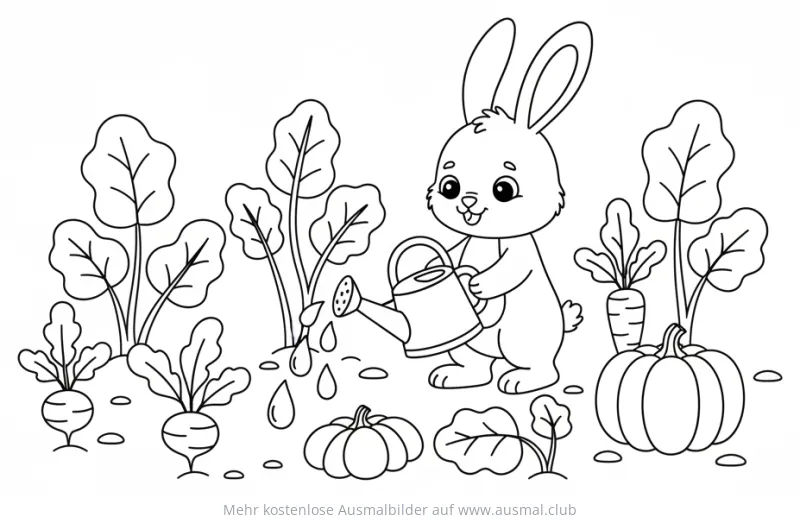 Hase gießt Gemüsegarten mit Kürbis, Rüben und Karotten Ausmalbild