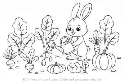 Hase gießt Gemüsegarten mit Kürbis, Rüben und Karotten Ausmalbild