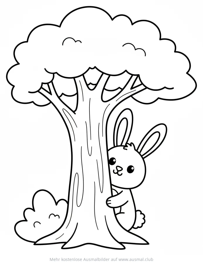 Hase versteckt sich hinter Baum Ausmalbild