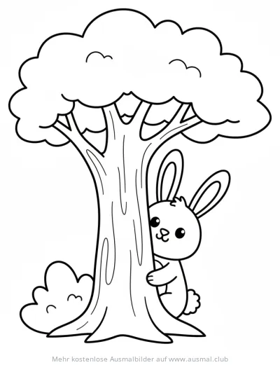 Hase versteckt sich hinter Baum Ausmalbild