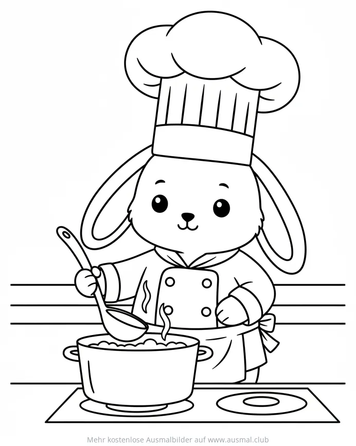 Hase als Koch mit Schöpfkelle am Herd Ausmalbild