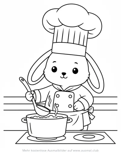 Hase als Koch mit Schöpfkelle am Herd Ausmalbild