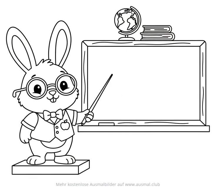 Hase als Lehrer vor Tafel mit Globus Ausmalbild