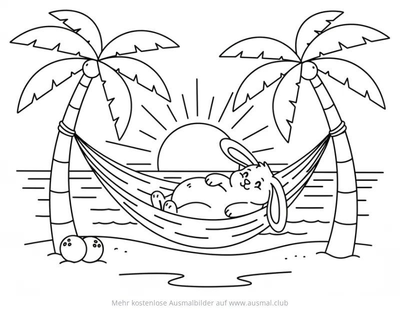 Hase liegt in Hängematte am Strand Ausmalbild