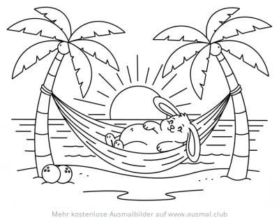 Hase liegt in Hängematte am Strand Ausmalbild
