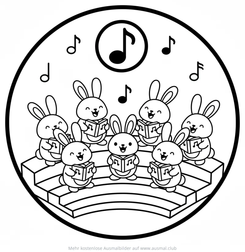 Hasenchor auf Treppe mit Notenbüchern Ausmalbild
