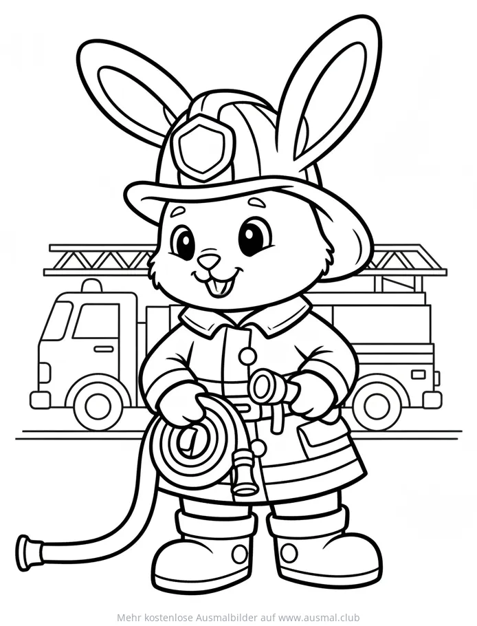 Hase als Feuerwehrmann Ausmalbild mit Feuerwehrauto