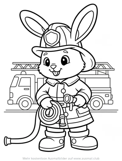 Hase als Feuerwehrmann Ausmalbild mit Feuerwehrauto