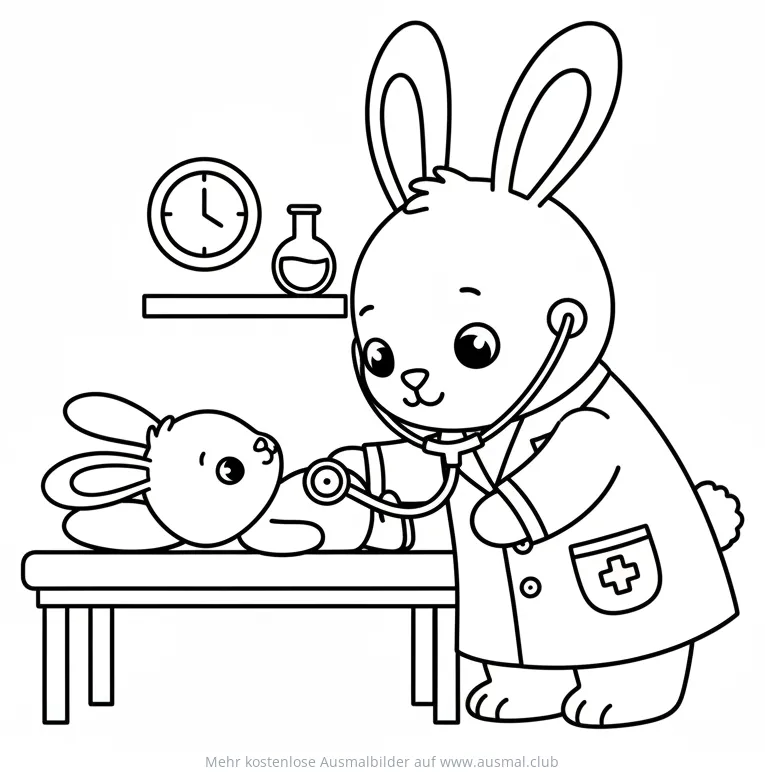 Arzthase untersucht kleinen Hasenpatienten Ausmalbild