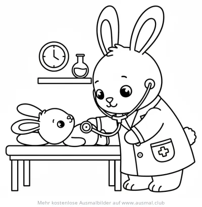 Arzthase untersucht kleinen Hasenpatienten Ausmalbild