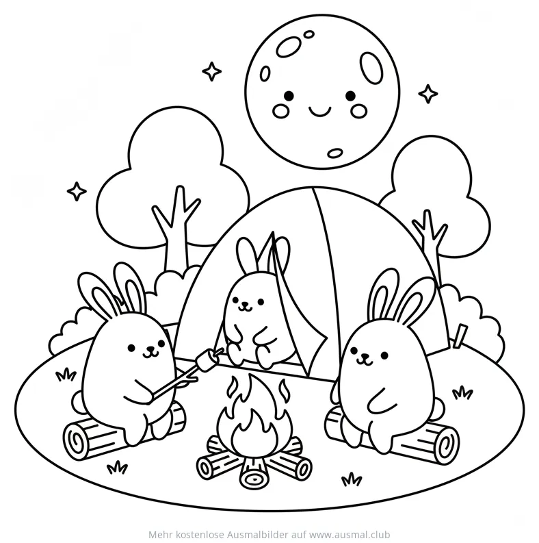 Hasen beim Camping am Lagerfeuer Ausmalbild