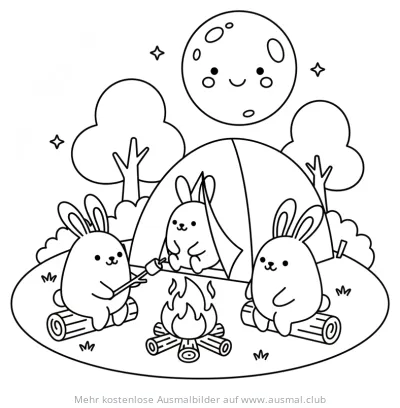 Hasen beim Camping am Lagerfeuer Ausmalbild