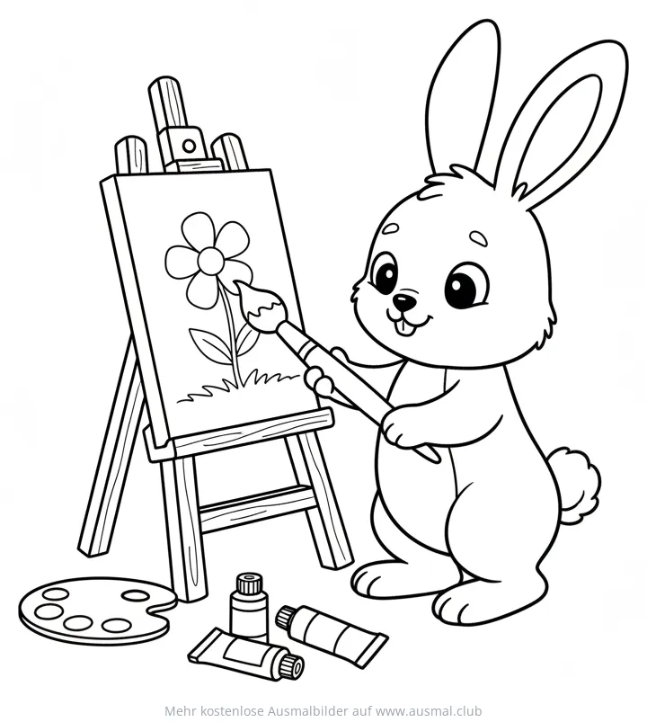 Hase malt ein Blumenbild auf einer Staffelei Ausmalbild