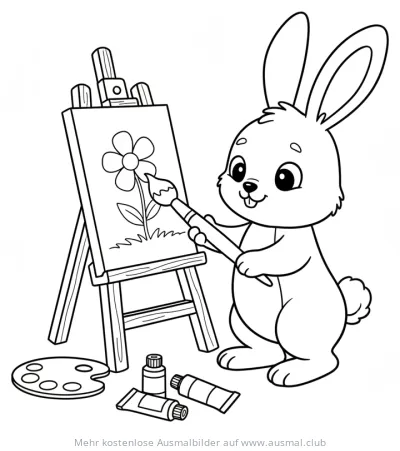 Hase malt ein Blumenbild auf einer Staffelei Ausmalbild