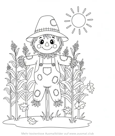 Freundliche Vogelscheuche im Maisfeld Ausmalbild