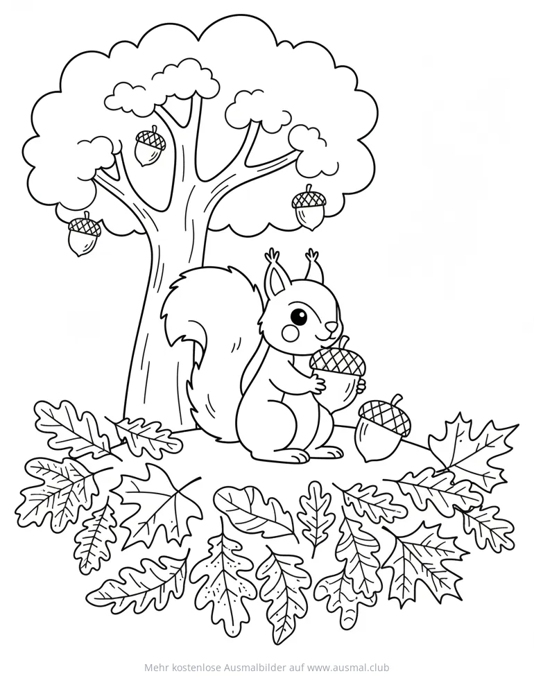 Eichhörnchen mit Eichel vor Baum und Herbstlaub Ausmalbild