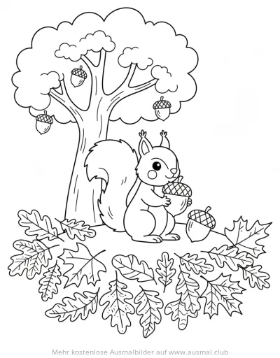 Eichhörnchen mit Eichel vor Baum und Herbstlaub Ausmalbild
