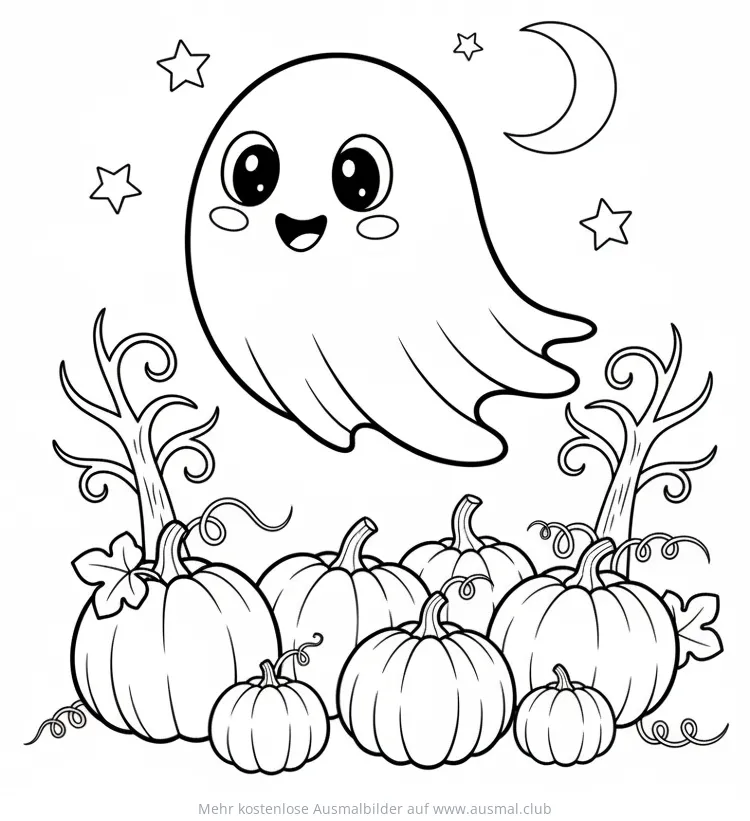 Freundlicher Geist über Kürbissen Ausmalbild