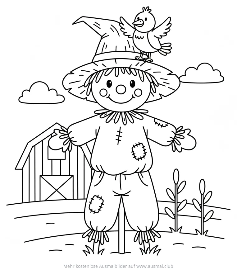 Vogelscheuche mit Vogel auf dem Hut Ausmalbild
