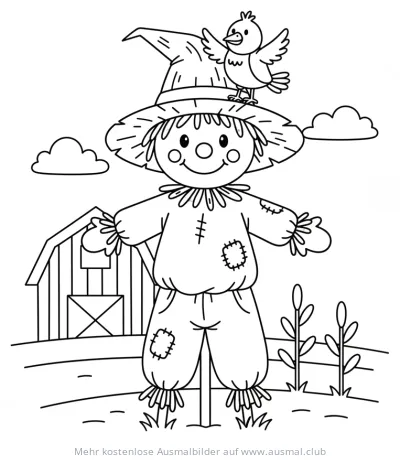 Vogelscheuche mit Vogel auf dem Hut Ausmalbild