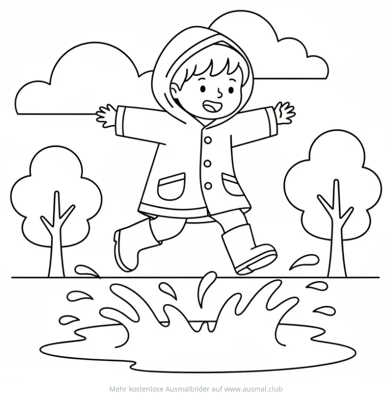 Kind mit Regenmantel springt über Pfütze Ausmalbild