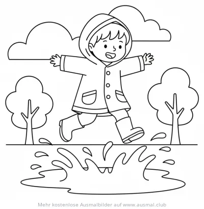 Kind mit Regenmantel springt über Pfütze Ausmalbild