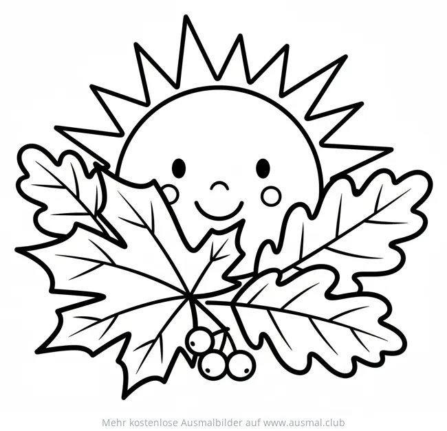 Sonne mit Ahorn- und Eichenblättern Ausmalbild