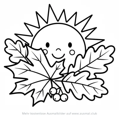 Sonne mit Ahorn- und Eichenblättern Ausmalbild