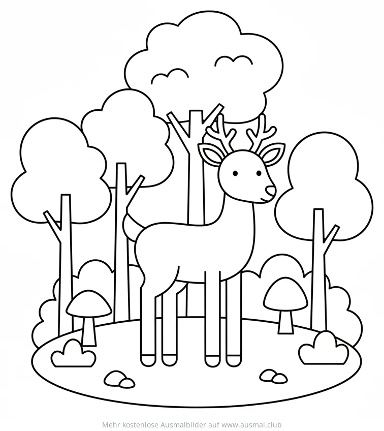 Hirsch im Wald Ausmalbild mit Bäumen und Pilzen