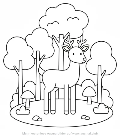 Hirsch im Wald Ausmalbild mit Bäumen und Pilzen