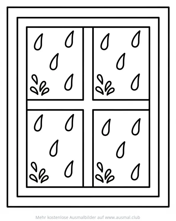 Regenfenster Ausmalbild mit Regentropfen und Wasserpfützen