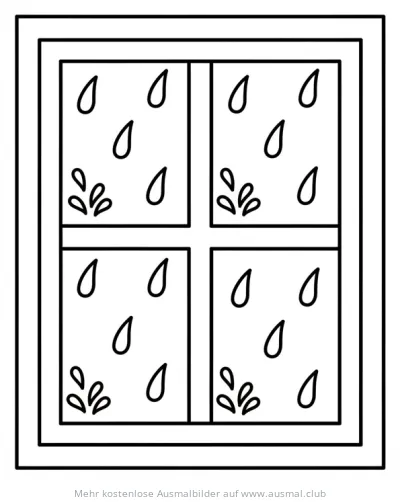 Regenfenster Ausmalbild mit Regentropfen und Wasserpfützen