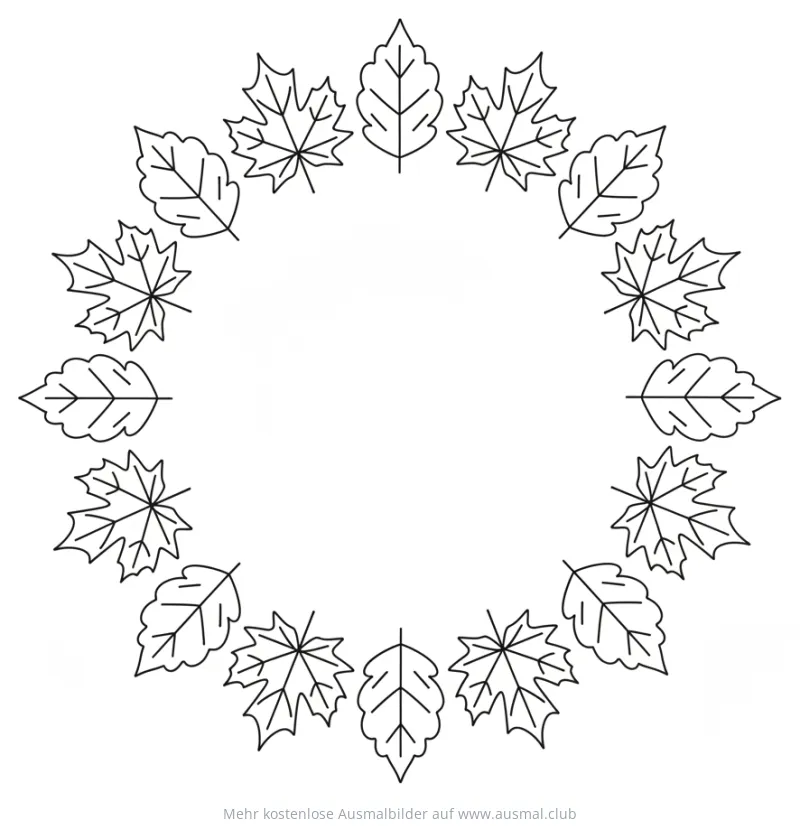 Herbstkranz Ausmalbild mit verschiedenen Laubblättern