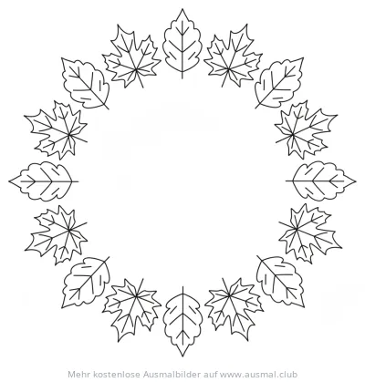 Herbstkranz Ausmalbild mit verschiedenen Laubblättern