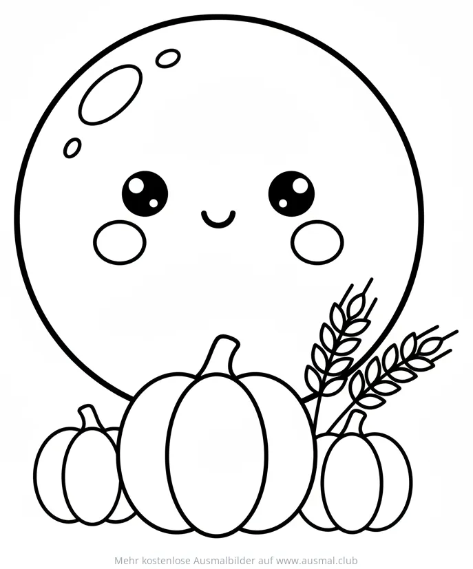 Mond mit Kürbissen und Weizenähren Ausmalbild