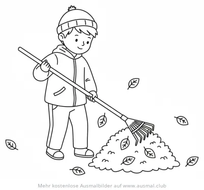 Junge harkt Laub im Herbst Ausmalbild