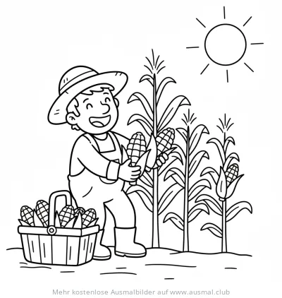 Bauer mit Maiskolben und Maisfeld Ausmalbild