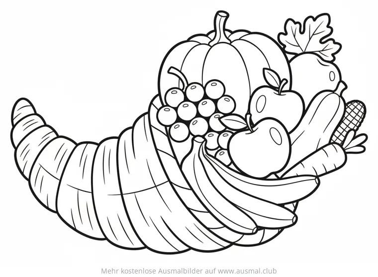 Füllhorn mit Äpfeln, Bananen, Kürbis und Trauben Ausmalbild