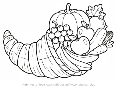 Füllhorn mit Äpfeln, Bananen, Kürbis und Trauben Ausmalbild