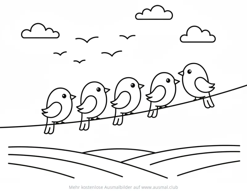 Fünf Vögel sitzen auf einer Leitung Ausmalbild