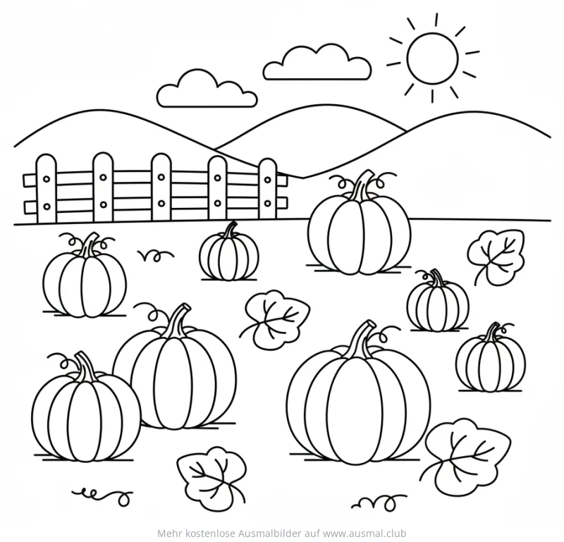 Kürbisfeld Ausmalbild mit Zaun, Sonne und Hügeln