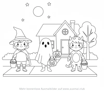 Kinder in Halloween Kostümen (Hexe, Geist, Monster) Ausmalbild