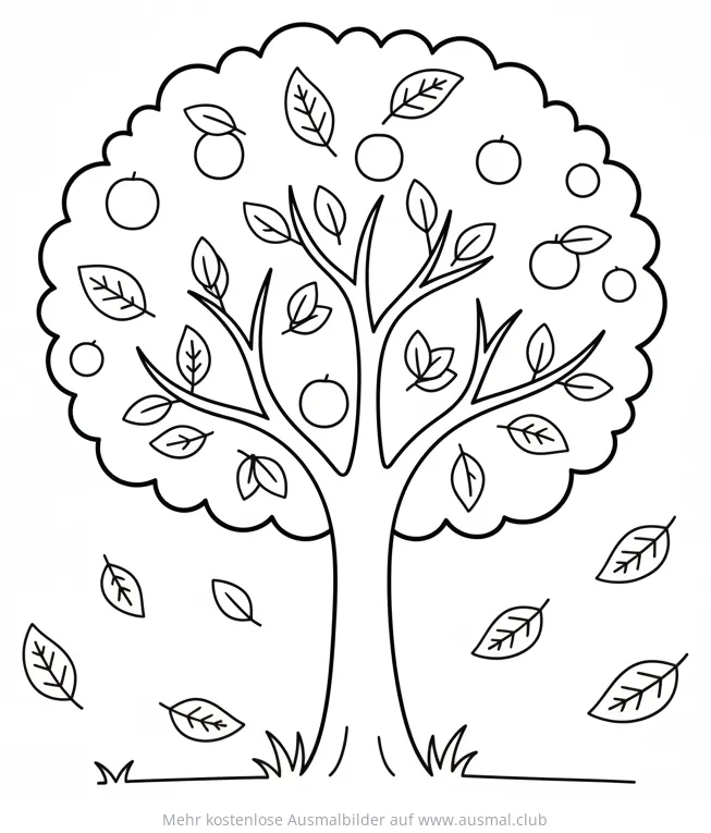 Herbstbaum mit Äpfeln und fallenden Blättern Ausmalbild