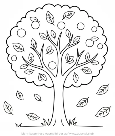 Herbstbaum mit Äpfeln und fallenden Blättern Ausmalbild