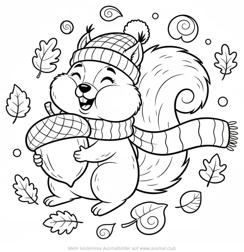 Eichhörnchen mit Mütze, Schal und Eichel Ausmalbild